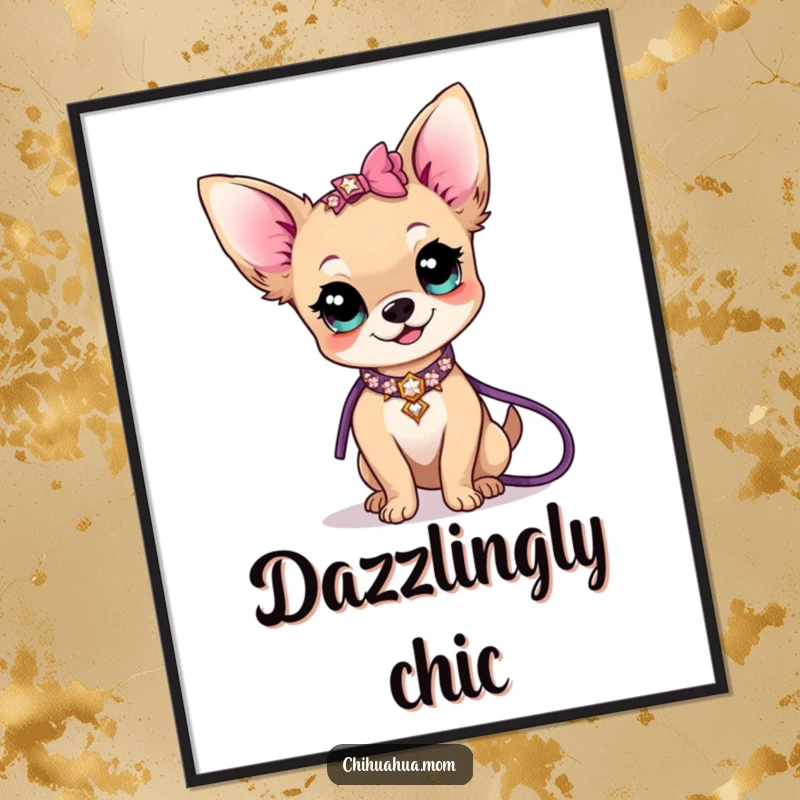 Funny kawaii chihuahua lady character wearing a sparkly collar and leash, depicted as a humorous and glamorous digital art print.