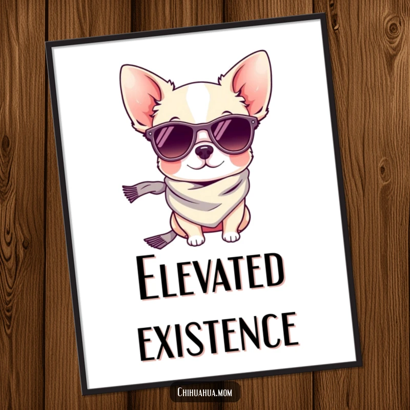 Funny digital art print: a tiny chihuahua dog wearing trendy sunglasses and a fashionable scarf.