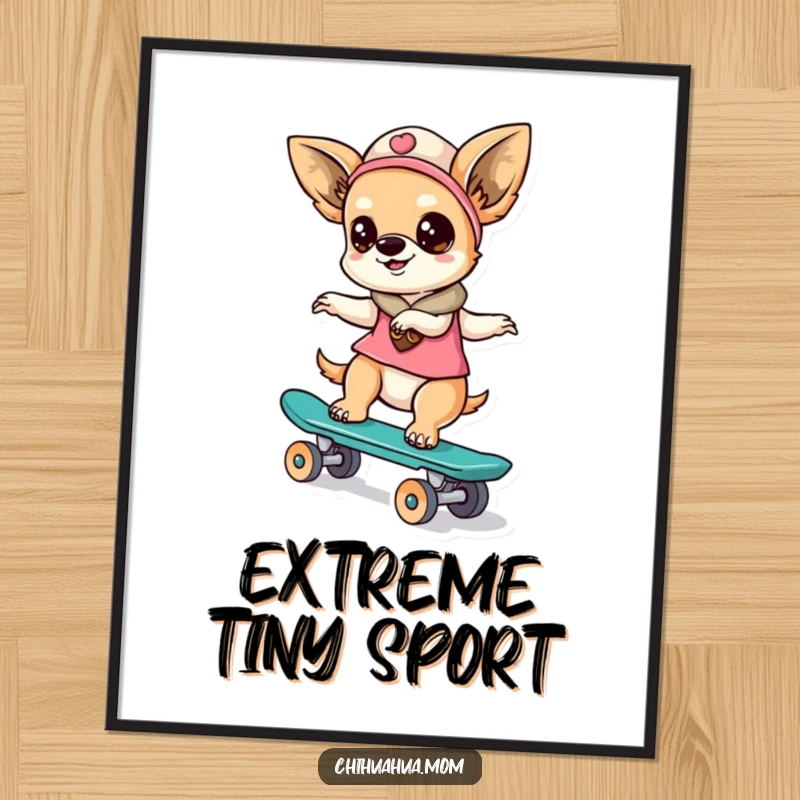 Funny kawaii chihuahua lady character riding a tiny skateboard, depicted as a humorous and action-packed digital art print.
