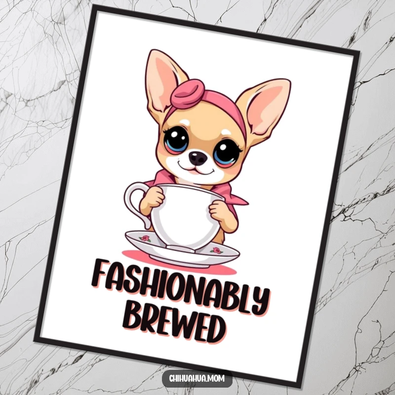 Funny chihuahua fashion model with a teacup, a high-quality digital art print for a humorous touch.