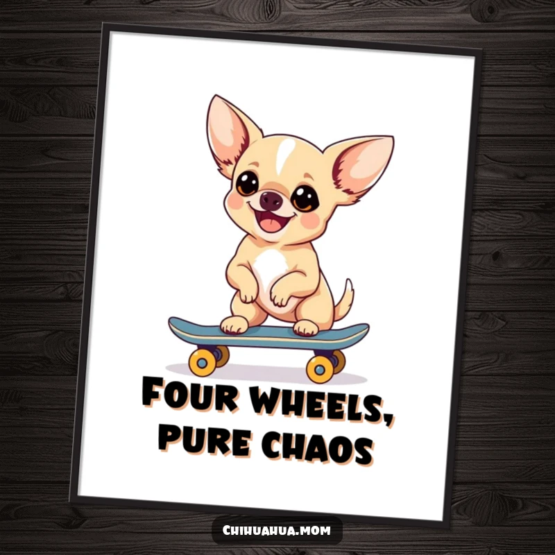 Funny Chihuahua Skateboarder Digital Art Print of a chihuahua on a skateboard, ready to bring smiles.