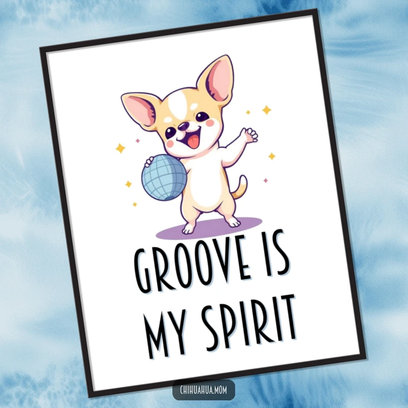 Funny Chihuahua Digital Art: A high-resolution image of a chihuahua dancing joyfully with a disco ball, perfect for colorful wall decor.