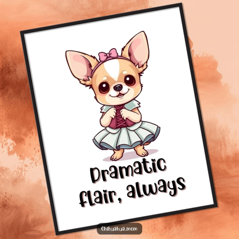 Funny Chihuahua Digital Art Print: A tiny dog in a fancy dress poses. High-resolution humorous art.