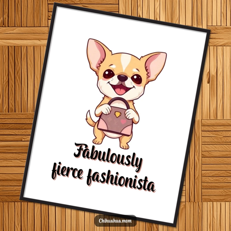 Funny Chihuahua Digital Art: A chihuahua joyfully holding a miniature designer handbag, exuding pure fashionista vibes. A charming funny gift.
