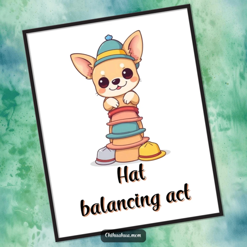 Funny chihuahua hat digital art. A chihuahua happily balances a large pile of small hats, creating a whimsical and humorous piece of downloadable art.