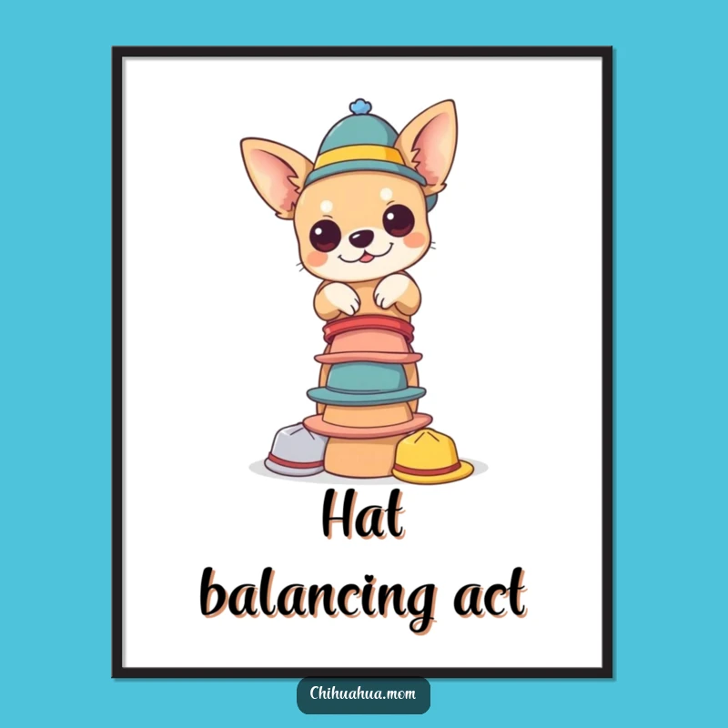 Funny Chihuahua Hat Tower Digital Art - Tiny Hats Balance, Quirky Print