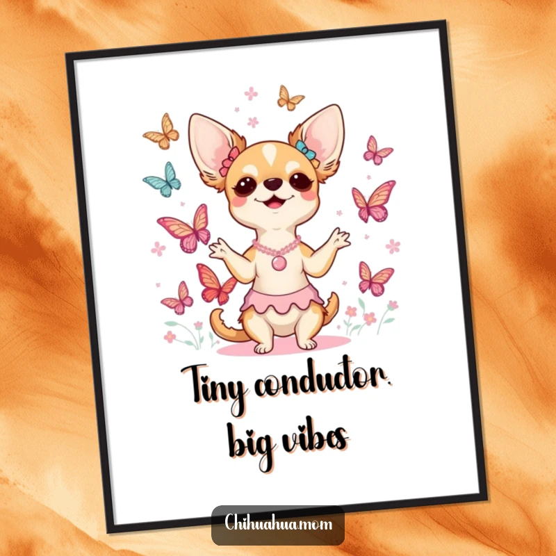 Funny chihuahua lady digital art print showing her joyfully conducting a magical choir of butterflies, perfect for whimsical wall decor.