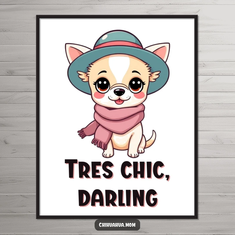 Funny Chihuahua Lady Digital Print: Kawaii character showcasing high fashion with a hat and scarf. Instant funny gift for style lovers.