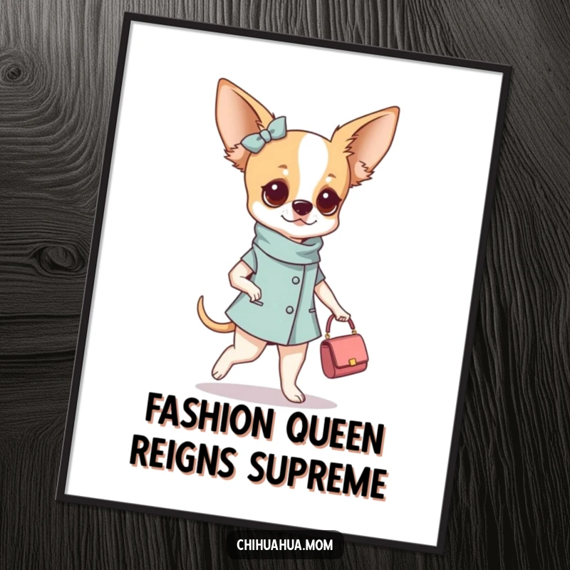 Funny fashionable chihuahua woman digital art print of her strutting with a tiny purse, perfect for chic and humorous wall decor.