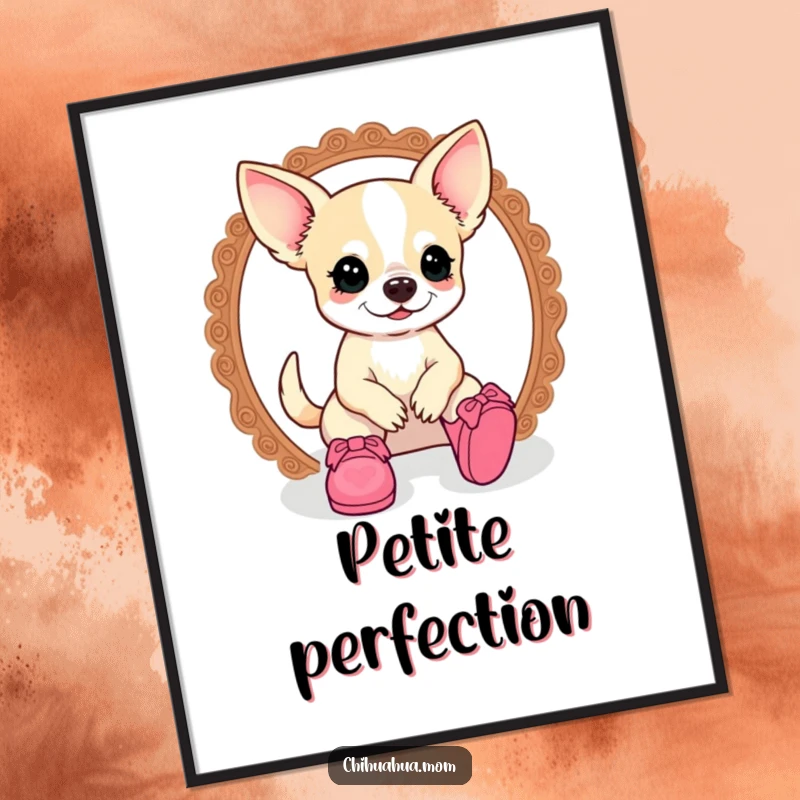 Funny kawaii chihuahua lady character trying on doll shoes, depicted as a humorous and stylish digital art print.