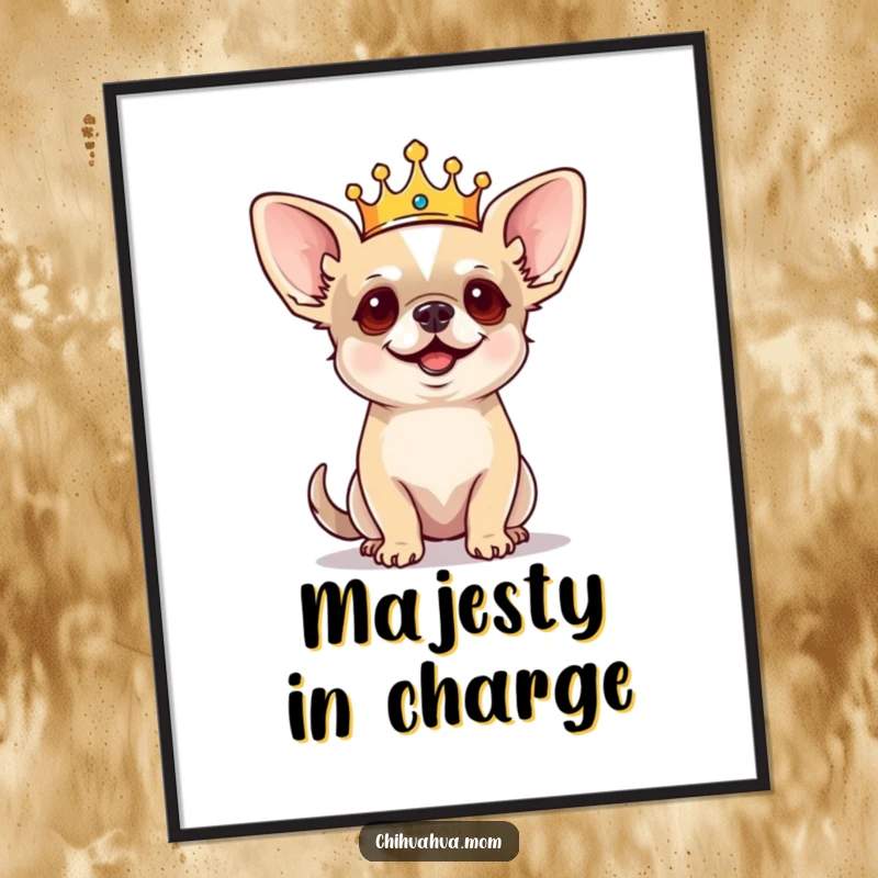 Funny Chihuahua Digital Art: Tiny crowned dog barking commands with regal authority, majestic pet illustration, humorous home decor.