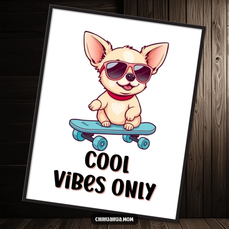 Funny Skater Chihuahua Digital Art Print: A dog in sunglasses rides a skateboard. High-res cool art.
