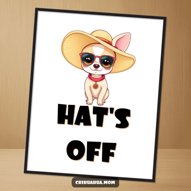 Funny chihuahua woman digital art print of a tiny dog wearing a large sun hat. High-resolution humorous artwork for instant download.