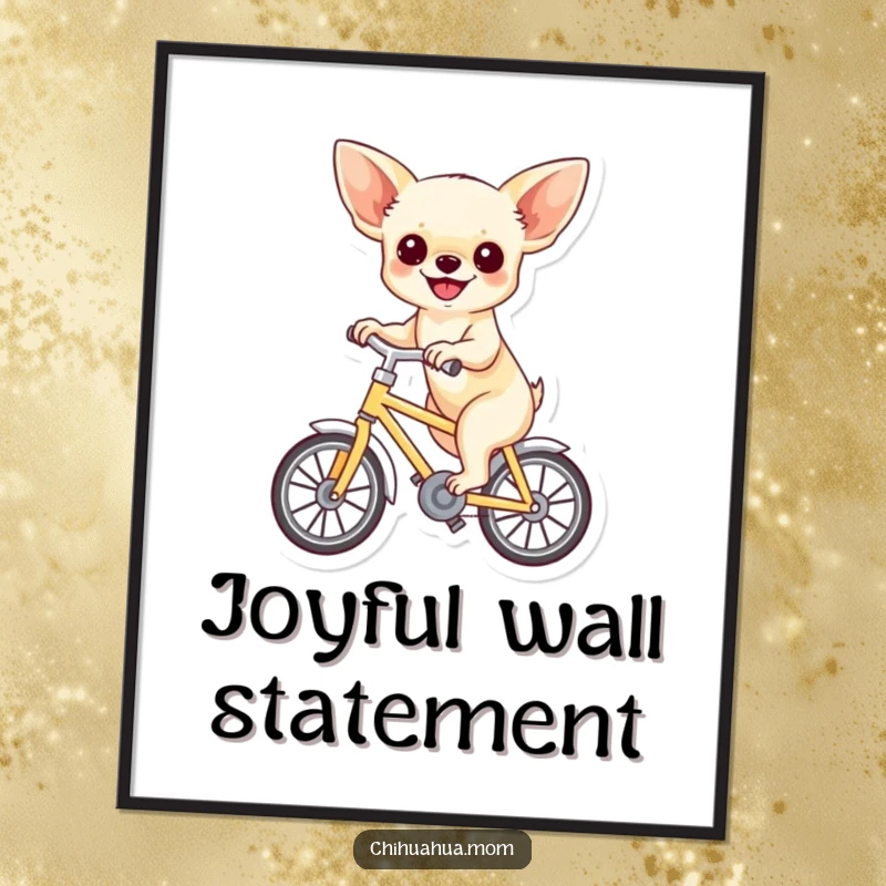 Funny digital art print of a chihuahua with a joyful expression riding a miniature bicycle, offering instant humorous and happy wall decor.
