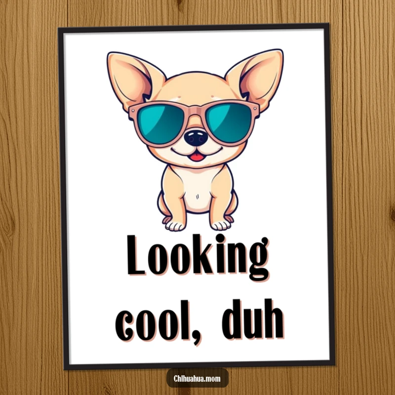 Funny digital art print of a chihuahua wearing oversized sunglasses, striking a confident pose, perfect for stylish and attitude-filled wall decor.