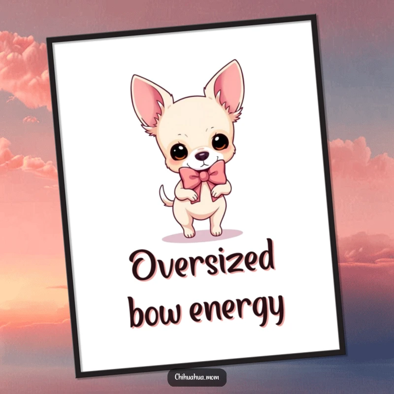 Funny Chihuahua Digital Art: A proud dog prances with a comically large and stylish bow, embodying pure fabulousness.