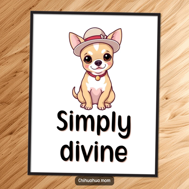 Funny digital art print of a chihuahua wearing a tiny, elegant hat and posing proudly, ready to download.