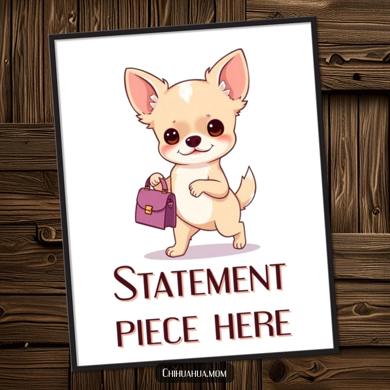 Funny digital art print of a chihuahua holding a handbag with a determined stride, offering instant humorous and fashionable wall decor.