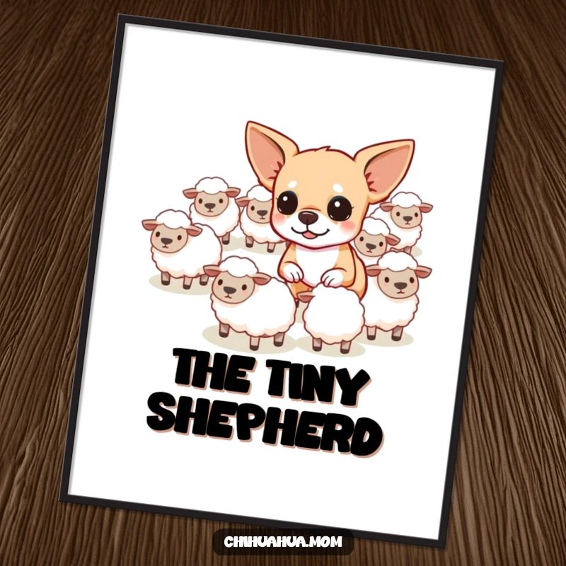 Funny determined chihuahua herding tiny sheep, a high-quality digital art print for farm humor.
