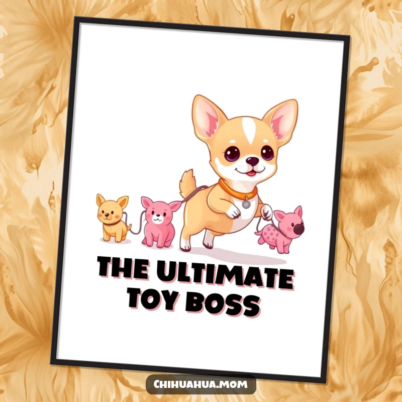 Funny digital art print of a chihuahua confidently walking, leading a string of tiny, fluffy plush toys, capturing a moment of pure charm.