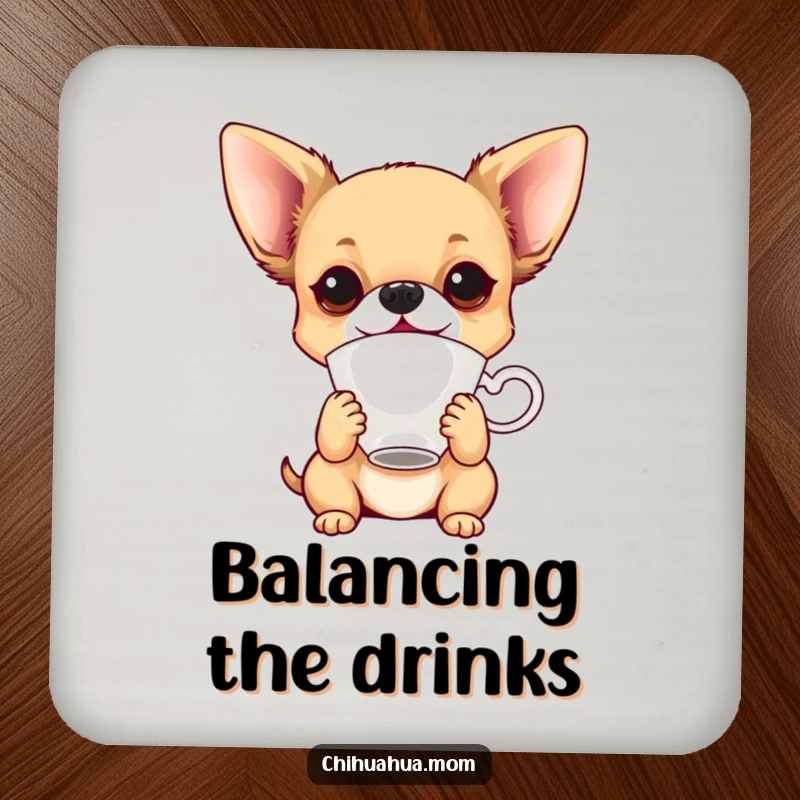 Funny playful chihuahua balancing a teacup on its nose on a drink coaster, adding playful humor.