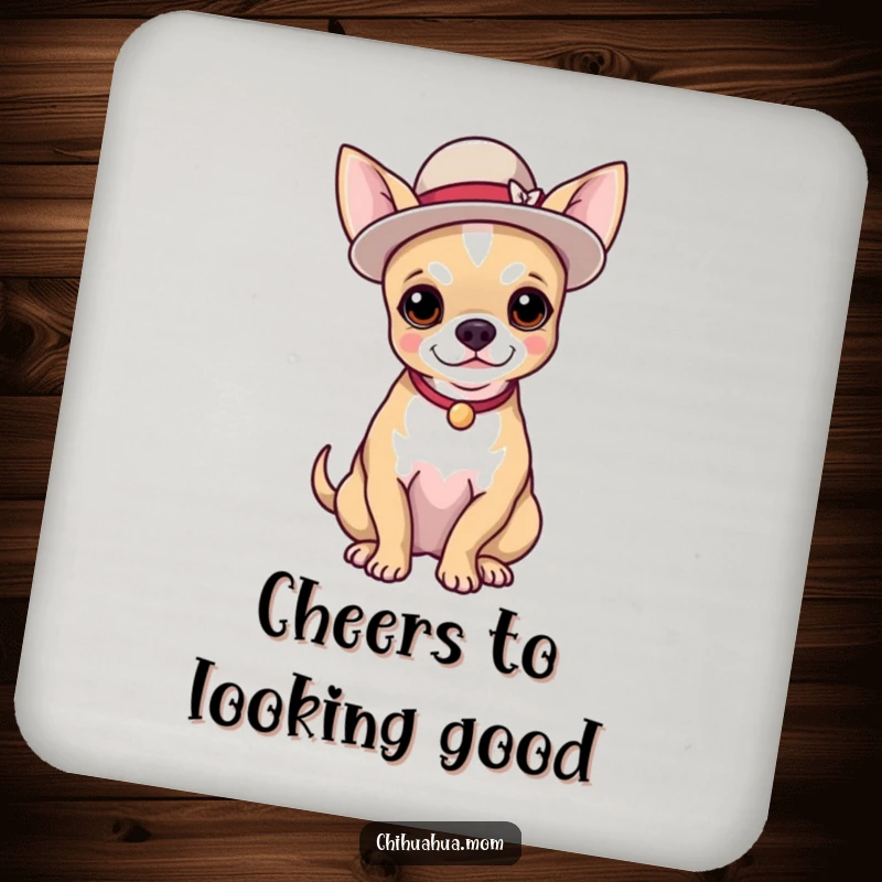 Funny drink coasters featuring a chihuahua wearing an elegant hat and posing proudly, amusing and practical.
