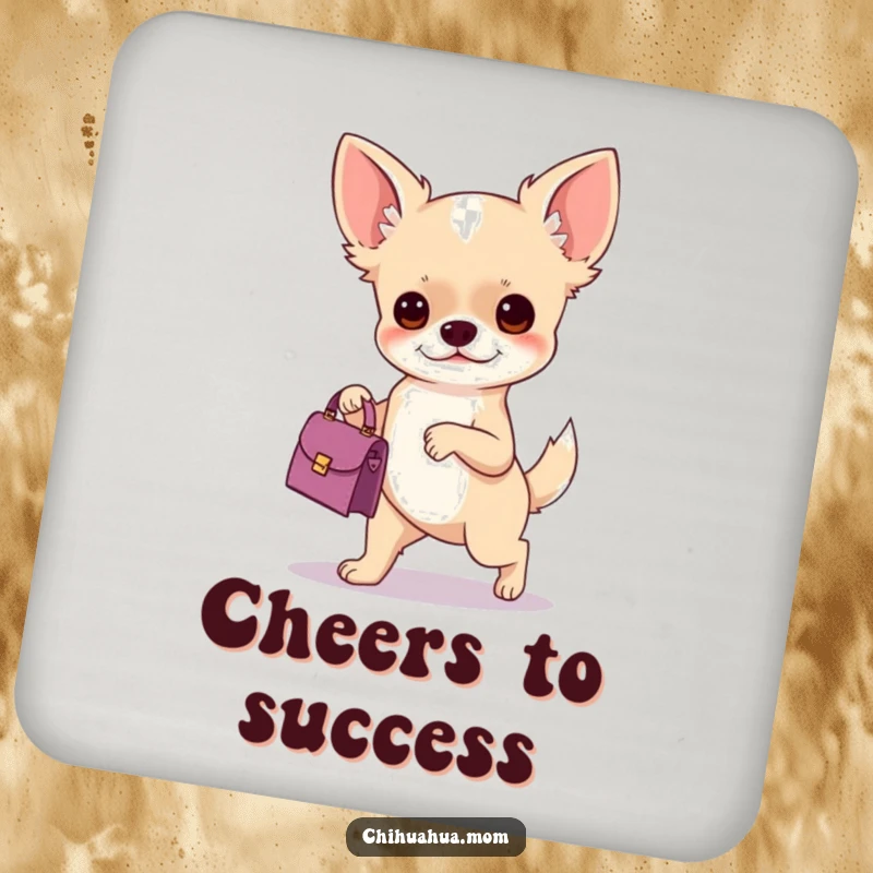 Funny drink coasters depicting a chihuahua holding a handbag, offering humorous protection and style for tables.