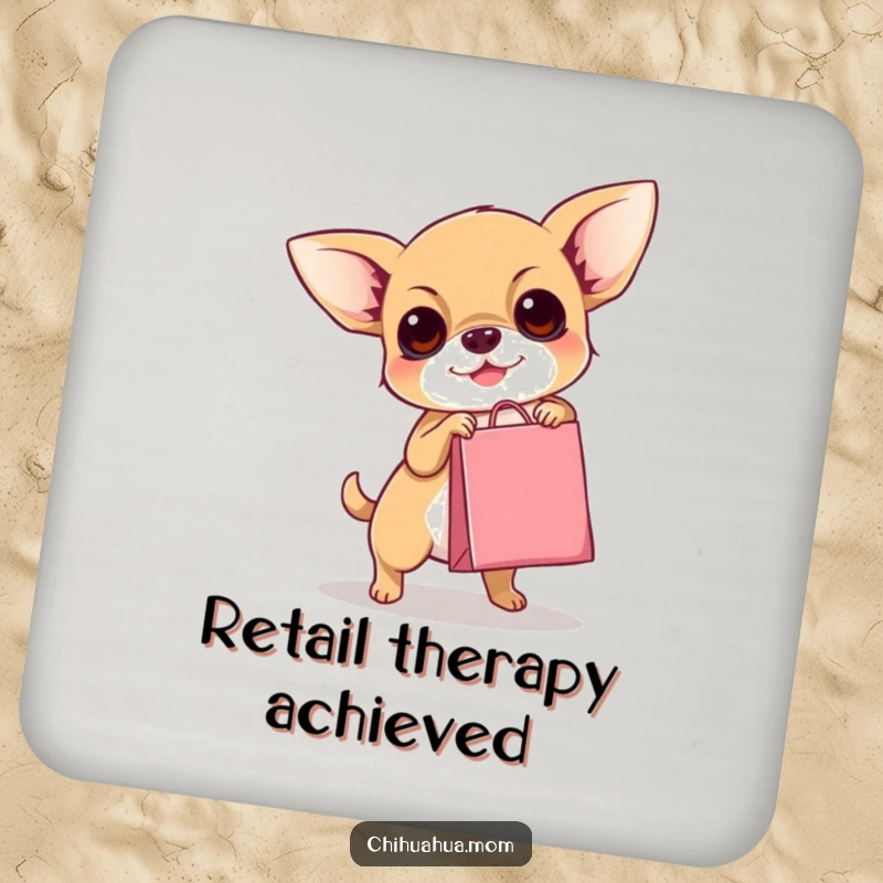 Funny Chihuahua Coasters: A determined dog humorously attempts to carry a tiny shopping bag, protecting your furniture with style.