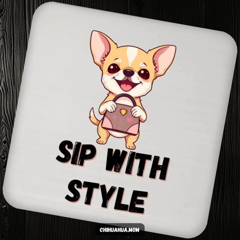 Funny Chihuahua Coasters: A chihuahua joyfully holding a tiny designer handbag, looking very stylish. A great funny gift.