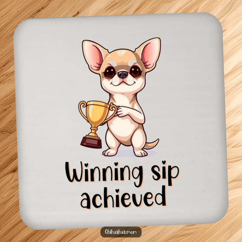 Funny Coaster: a determined chihuahua holding a tiny trophy, adding a humorous and protective touch to drink surfaces.