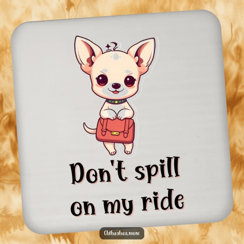 Funny Kawaii chihuahua lady coaster with a character in a handbag, protecting tables with flair.