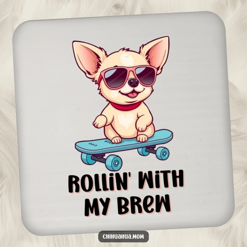 Funny Skater Chihuahua Coaster: A dog in sunglasses rides a skateboard. Stylish and humorous.