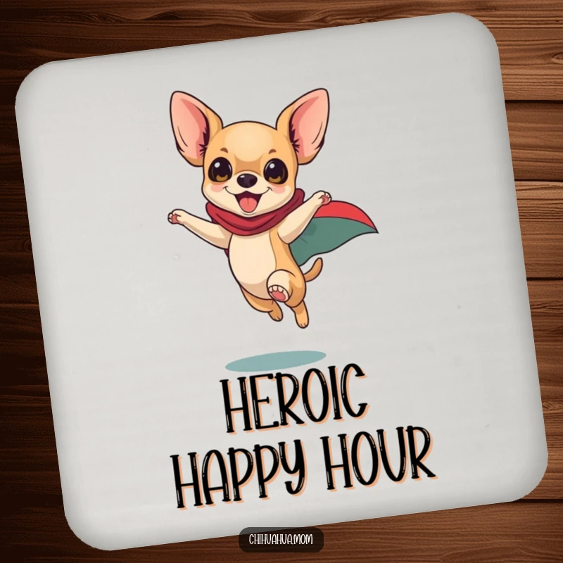 Funny Chihuahua Coaster: Playful dog in superhero cape leaping heroically, energetic pet accessory, humorous table protection.