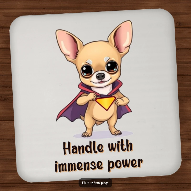 Funny Chihuahua Superhero Coaster featuring a chihuahua in a cape, guarding drinks with funny, pint-sized bravery.