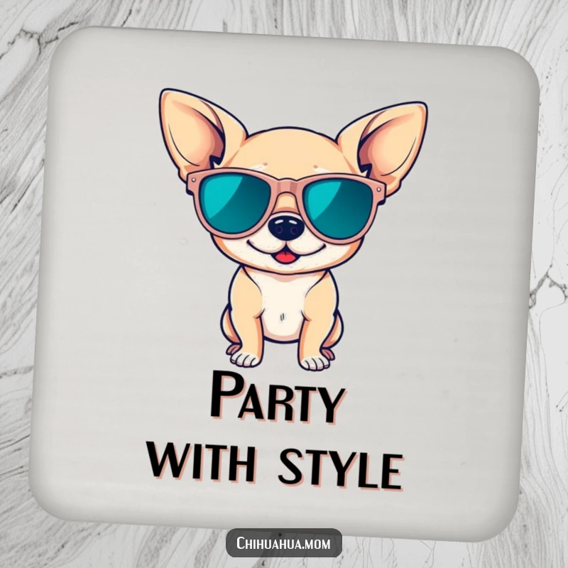 Funny drink coaster with a cute chihuahua wearing oversized sunglasses, striking a confident pose, protecting surfaces with sassy style.
