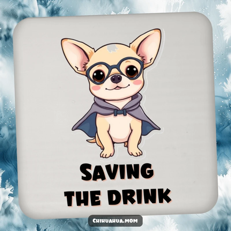 Funny Chihuahua Coasters: A chihuahua in a superhero cape, striking a heroic pose, protecting surfaces with canine charm.