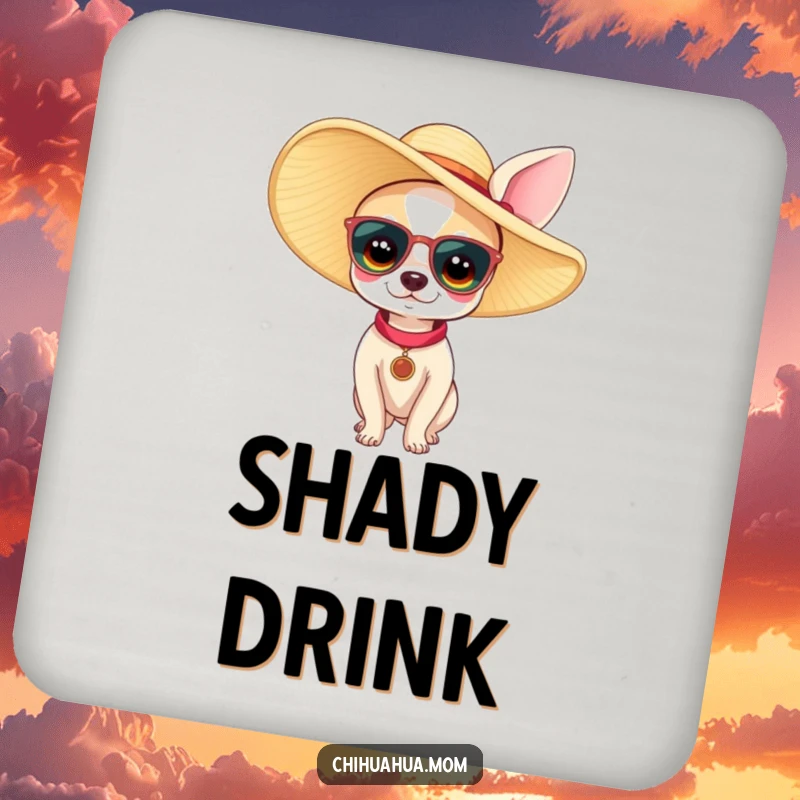 Funny chihuahua woman drink coasters showing a tiny dog wearing a large sun hat. Protects surfaces with humorous and chic dog-themed art.