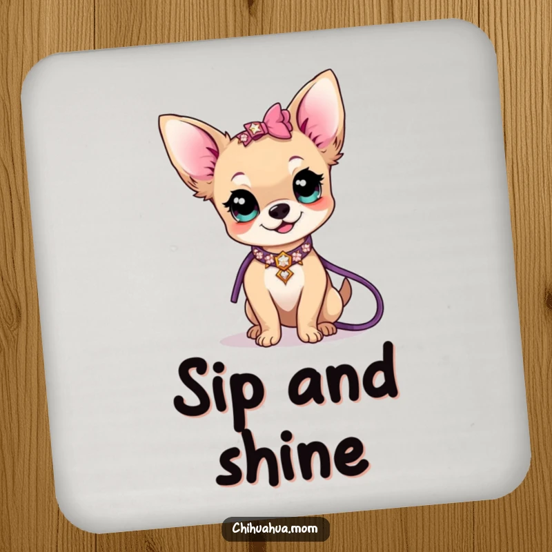 Funny kawaii chihuahua lady character with a sparkly collar and leash on a set of drink coasters, blending glamour and humor.