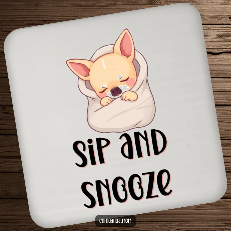 Funny drink coasters with a chihuahua wrapped in a tiny blanket, fast asleep, perfect for table protection.