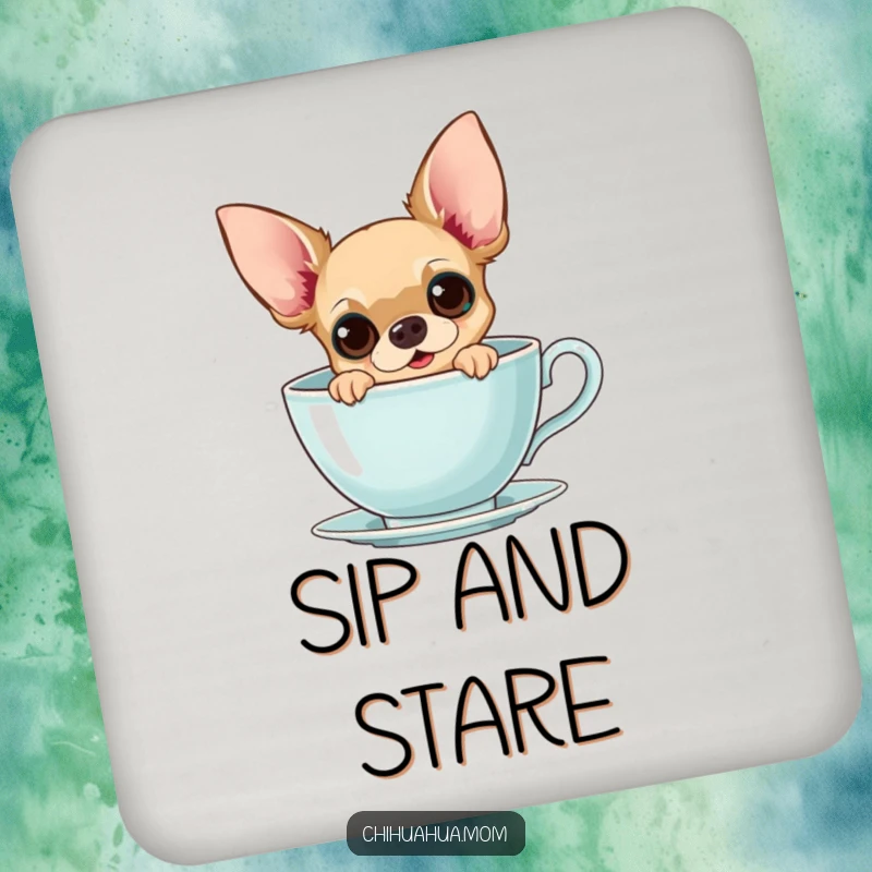 Funny Chihuahua Teacup Drink Coaster: A curious chihuahua peeks from a giant teacup with wide eyes, protects furniture, gift.
