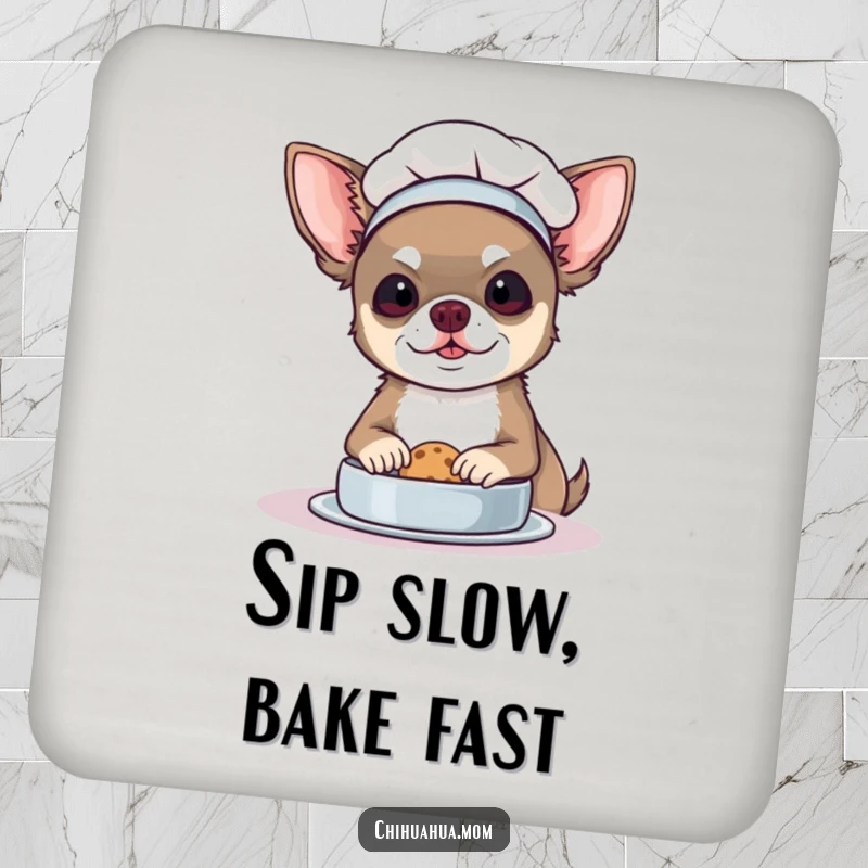 Funny Chef Chihuahua Coaster: A dog in a chef hat bakes a cookie. Cute and humorous.