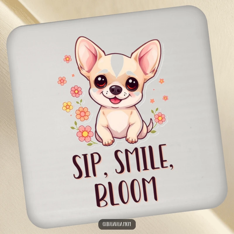 Funny Floral Chihuahua Coaster: Smiling chihuahua with flowers protecting surfaces from drinks. Cute and humorous coasters.