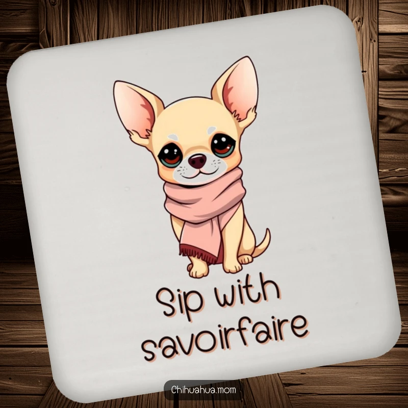 Funny Chihuahua Coasters: A chihuahua wearing a chic scarf, looking sophisticated and elegant. A great funny gift.