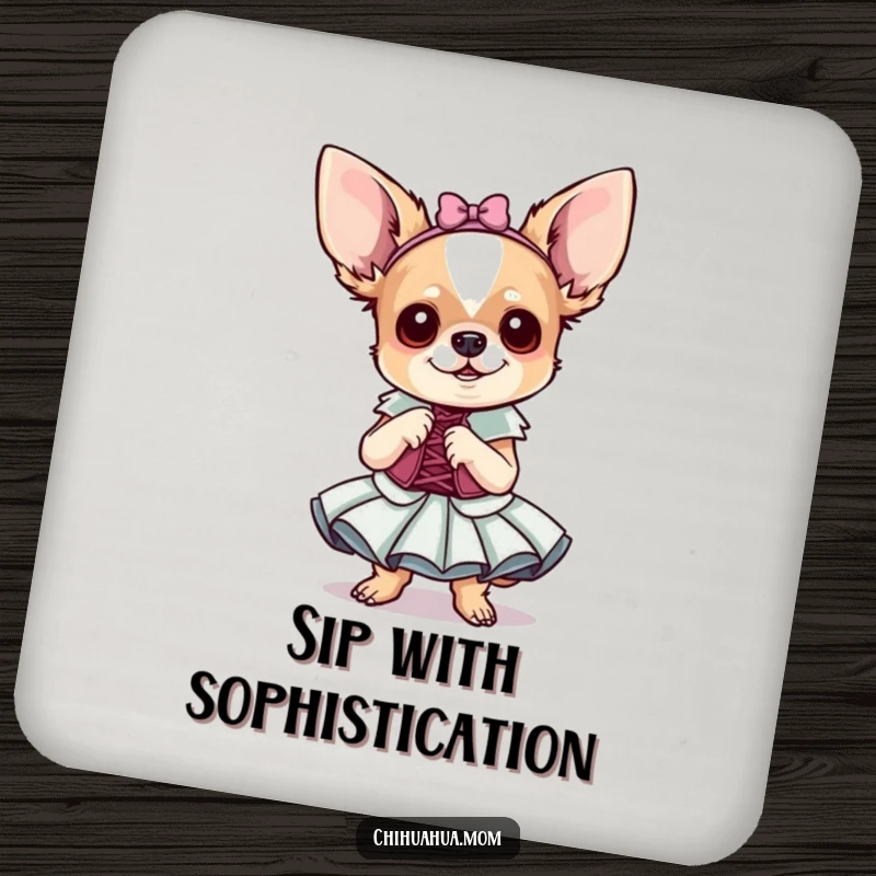 Funny Chihuahua Coaster: A tiny dog in a fancy dress protects your table. Chic and humorous.