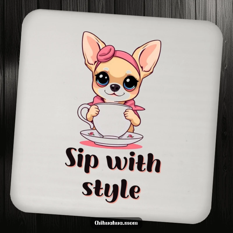 Funny chihuahua striking a fashionable pose with a teacup, adorning a chic and humorous drink coaster.