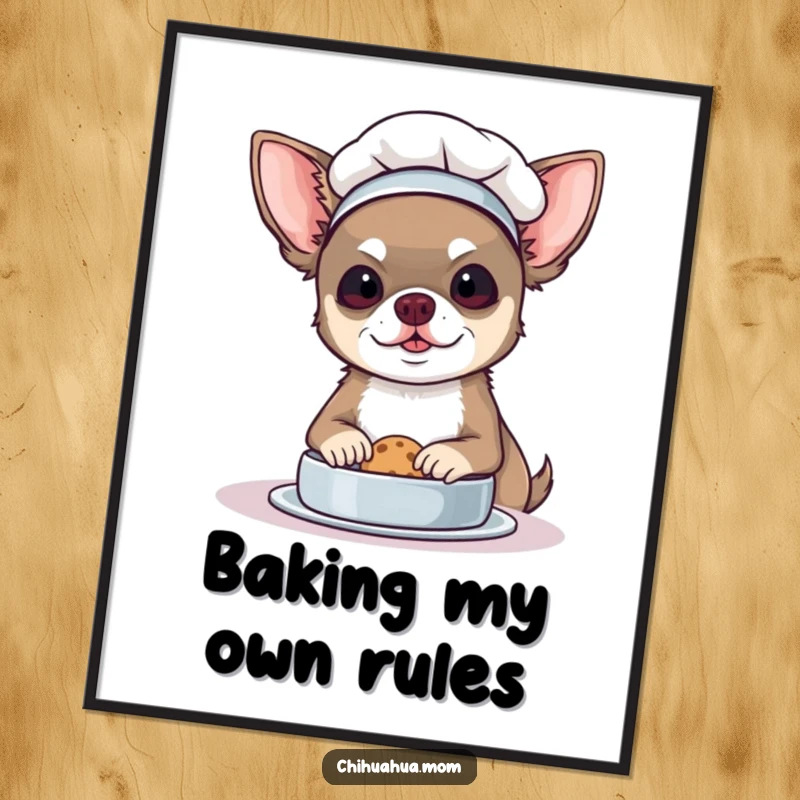 Funny Chef Chihuahua Poster: A dog in a chef hat bakes a tiny cookie. Charming wall art.