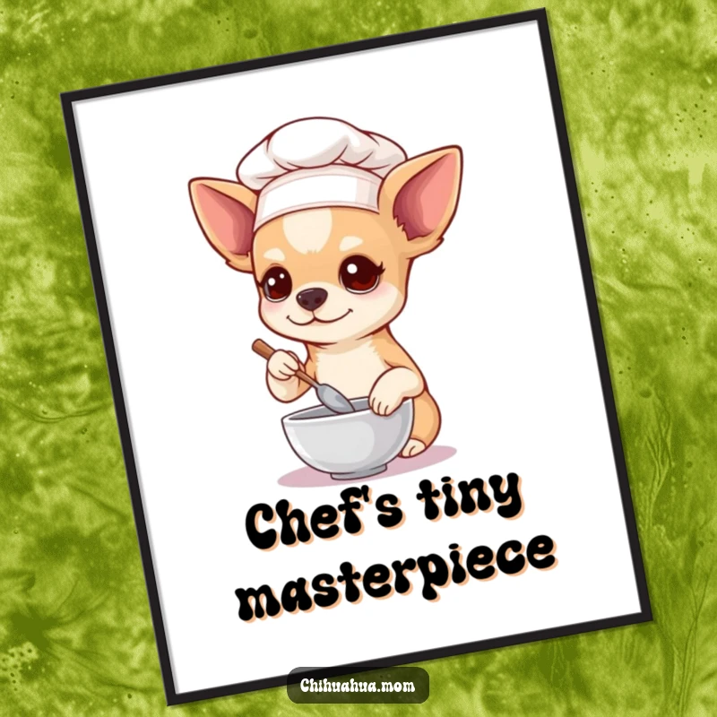 Funny Chihuahua Poster, wearing a chef hat and stirring a tiny bowl, adding a humorous and charming touch to kitchen decor.