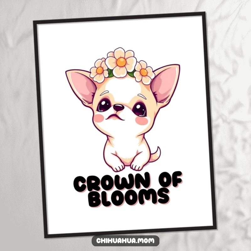 Funny Chihuahua Poster, wearing a crown of flowers, gazing upwards with a serene and hopeful expression, adding whimsical charm.