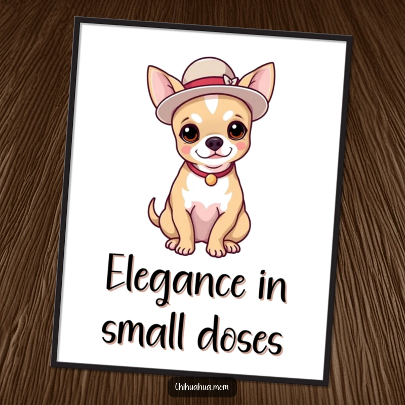 Funny poster art of a chihuahua wearing a tiny, elegant hat and posing proudly, sophisticated and amusing.