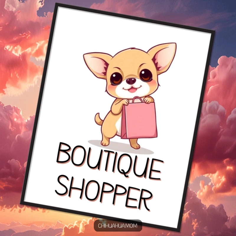 Funny Chihuahua Poster: A small dog with big dreams comically struggles to carry a tiny shopping bag, showcasing pure effort.